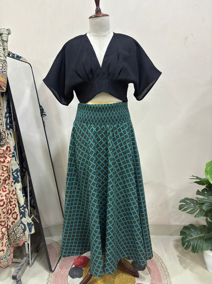 Indigo Green Checks Skirt Top Set