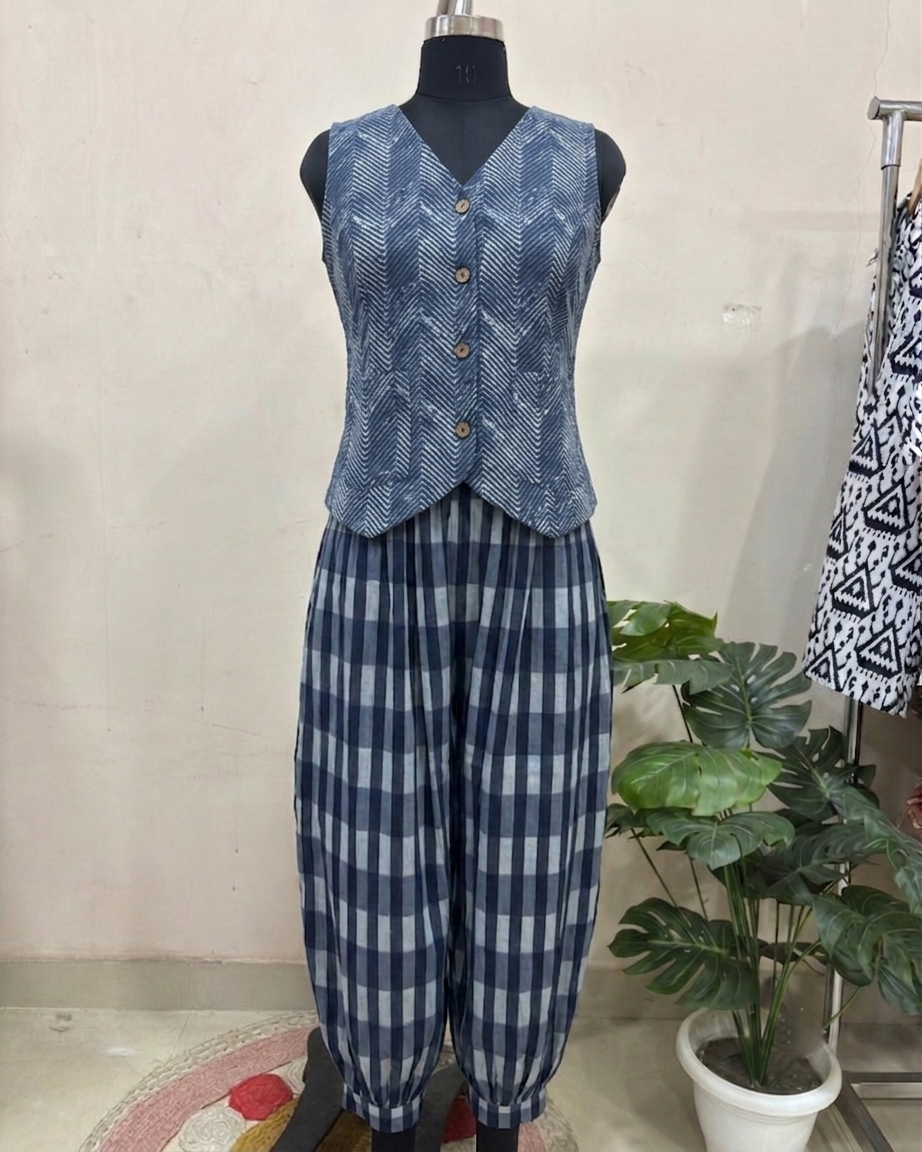 Blue Mixed Print Balloon Pant Set