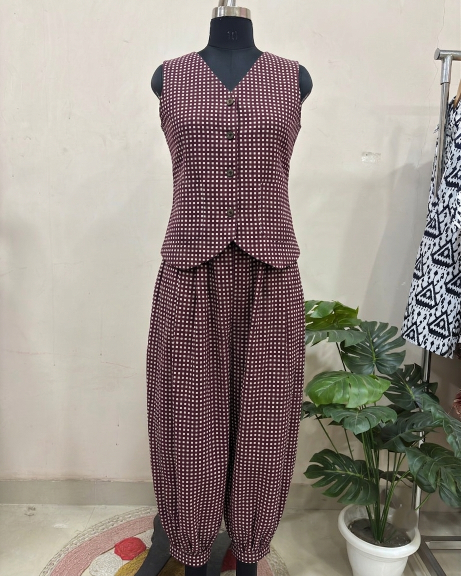 Maroon Checked Balloon Pant Set