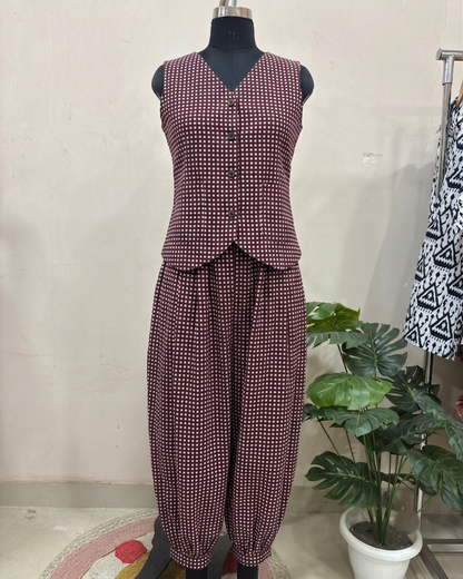 Maroon Checked Balloon Pant Set