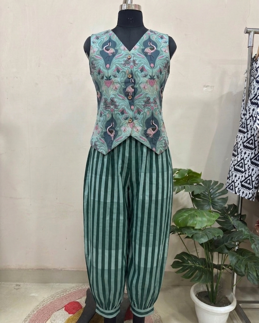 Green Mixed Print Balloon Pant Set