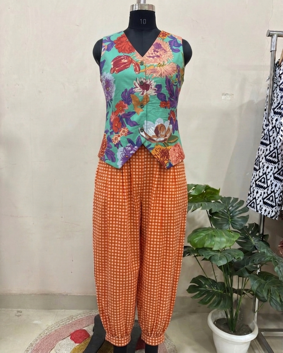 Floral Green & Orange Checked Balloon Pant Set