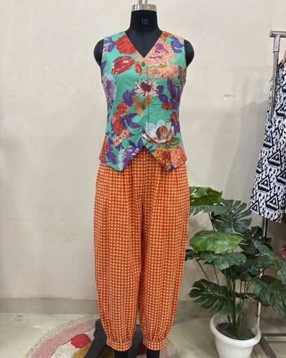 Floral Green & Orange Checked Balloon Pant Set