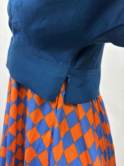 Rust & Blue Checkered Skirt Top Set