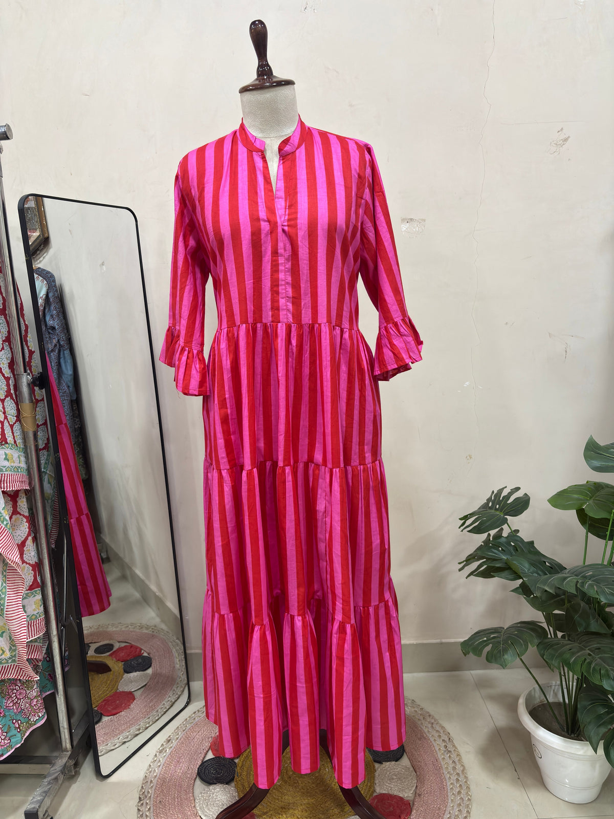 Pink & Red Striped Tiered Maxi Dress