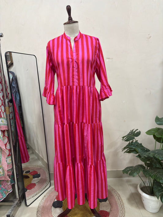 Pink & Red Striped Tiered Maxi Dress