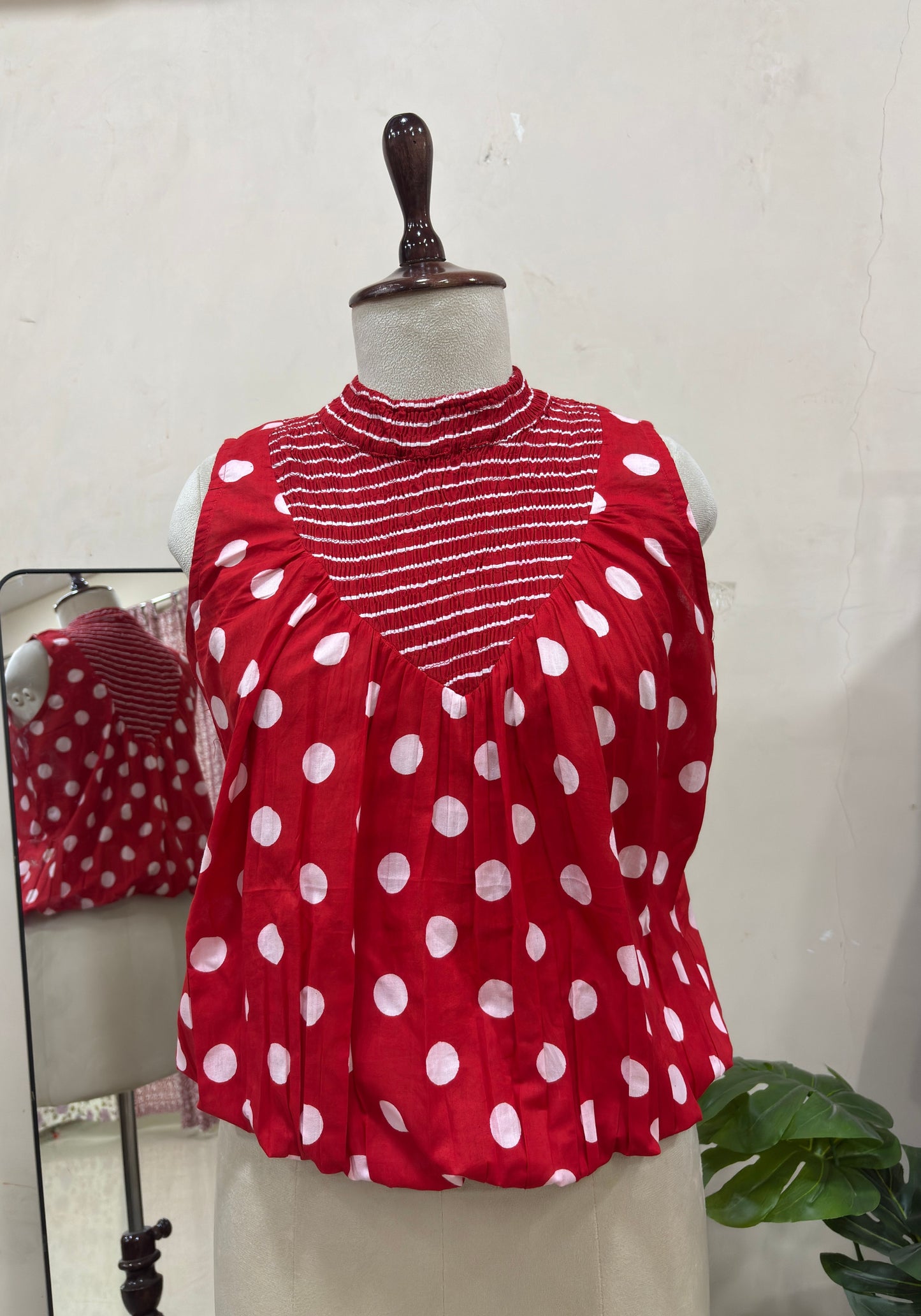 Red Polka Dot Shirred Top