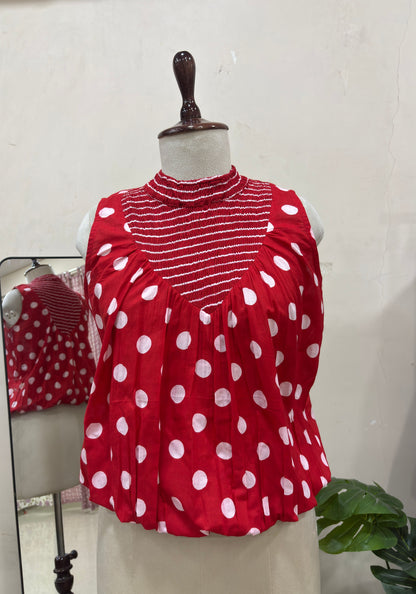 Red Polka Dot Shirred Top