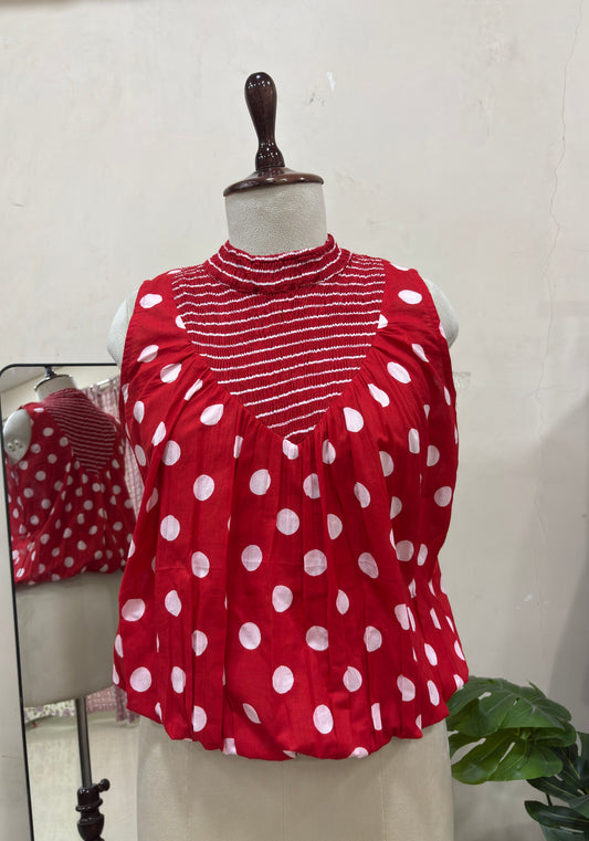 Red Polka Dot Shirred Top