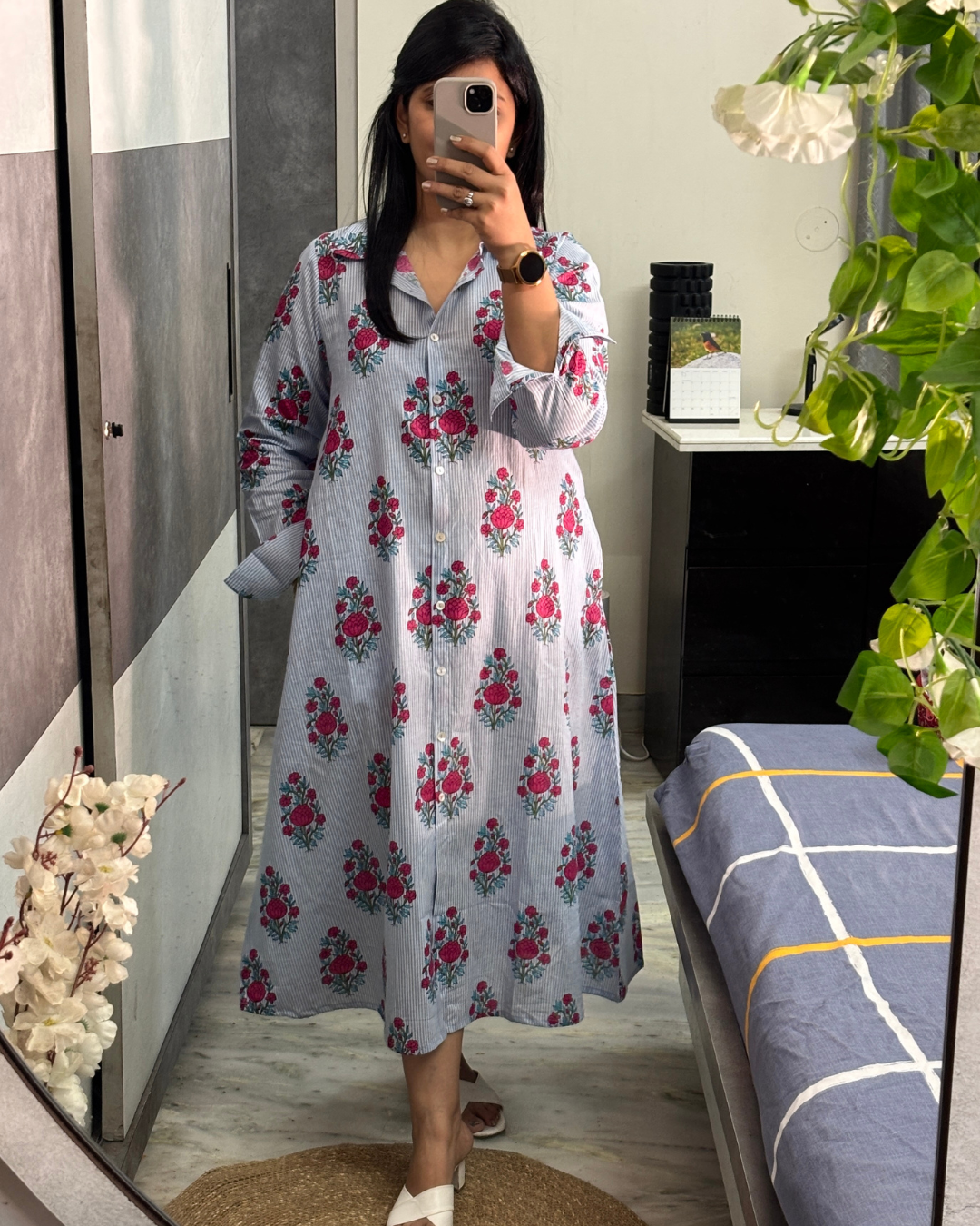 Sky Stripe Floral Maxi Shirt Dress