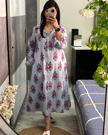 Sky Stripe Floral Maxi Shirt Dress