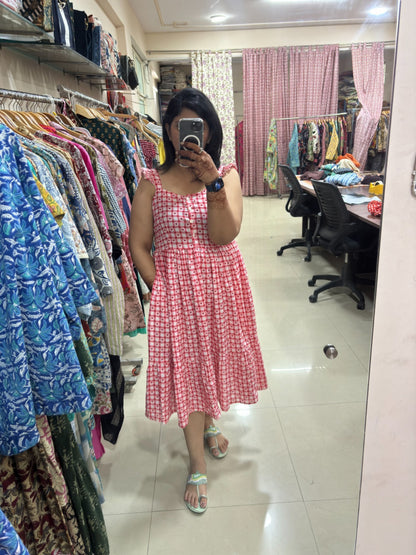 Pink Gingham Heart Print Midi Dress