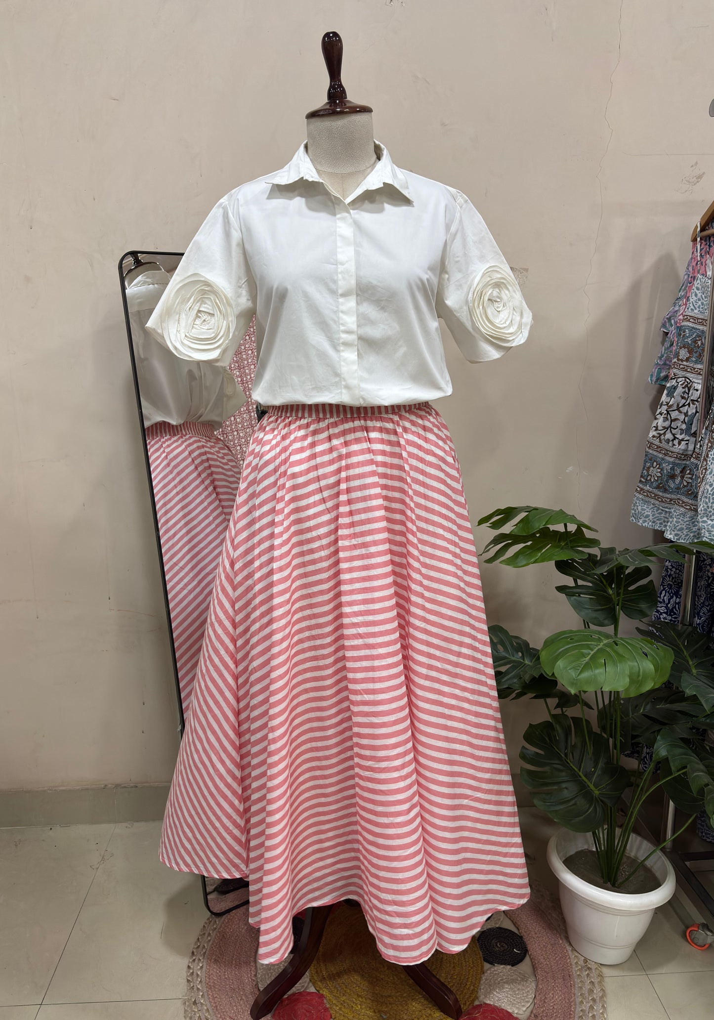 Elegant Pink & White Striped Skirt Set