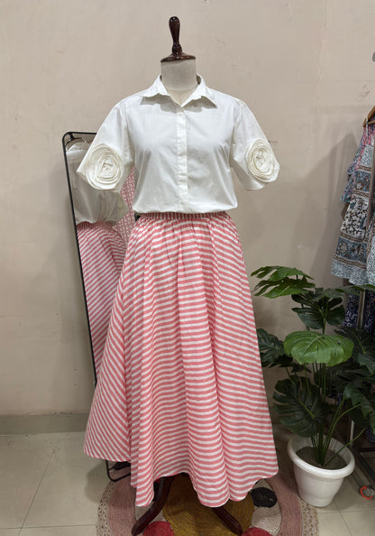 Elegant Pink & White Striped Skirt Set