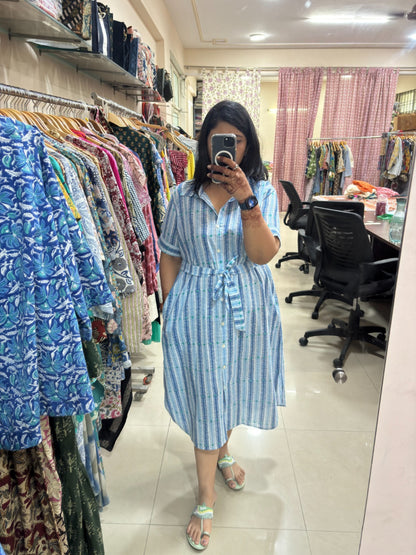 Blue Striped Tie Waist Midi Dress