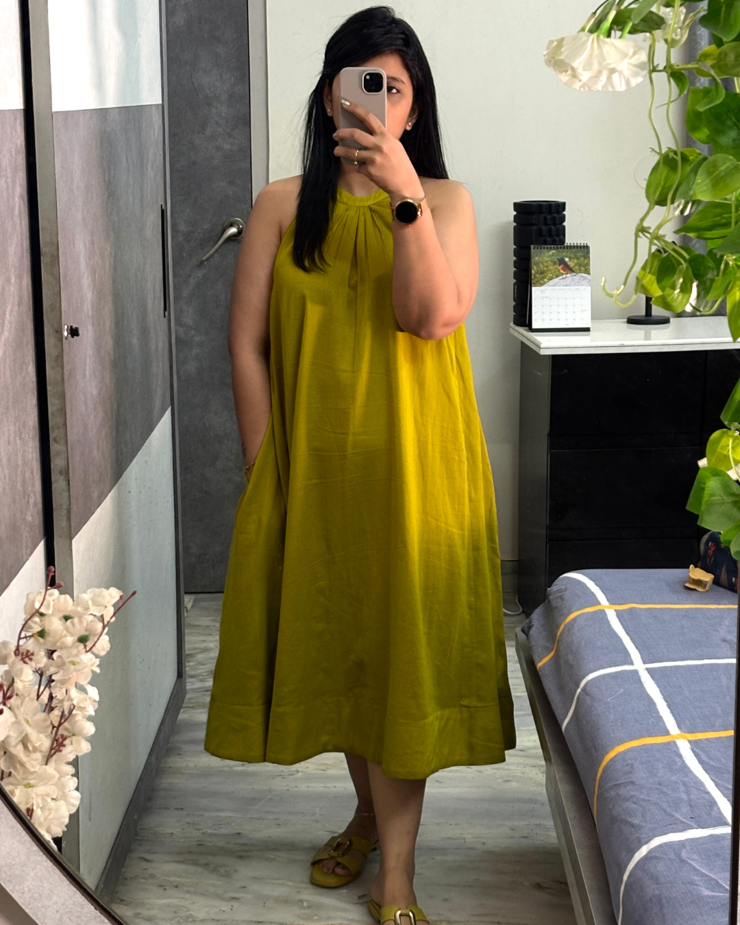 Lime Zest Halter Neck Flared Dress