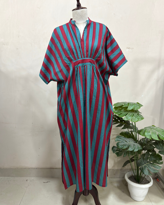 Mehroon & Turquoise Striped Kaftan Dress