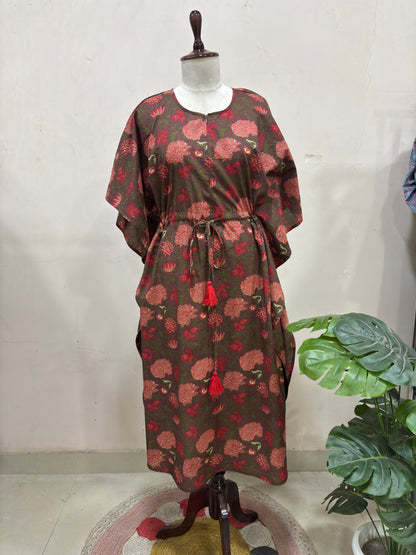 Floral Brown Kaftan Dress with Tassel Waist Tie