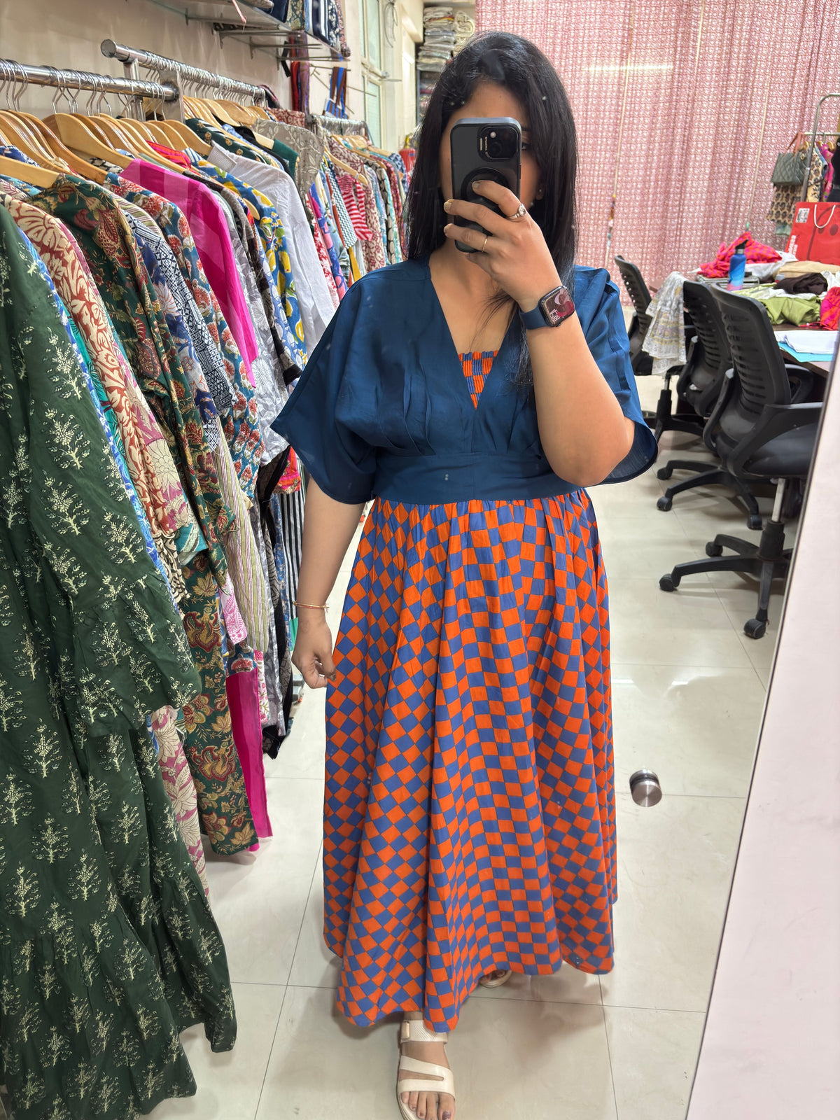 Rust & Blue Checkered Skirt Top Set
