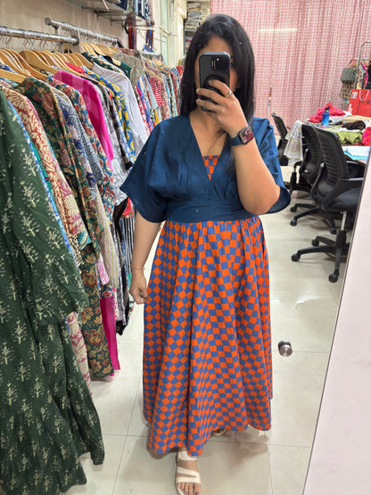 Rust & Blue Checkered Skirt Top Set