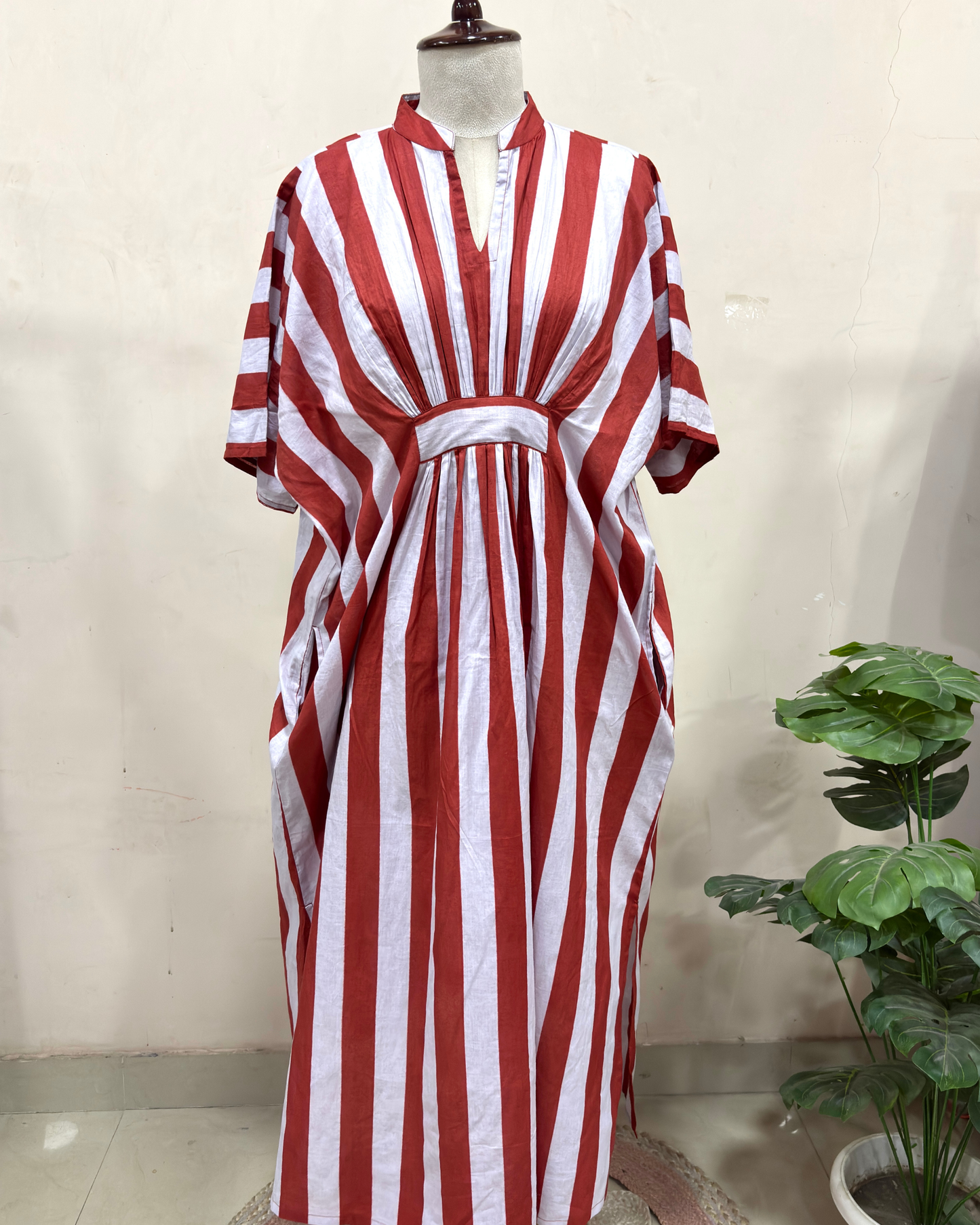 Red & White Striped Kaftan Dress