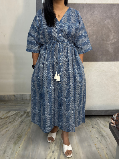 Blue Chevron Print Button-Down Dress