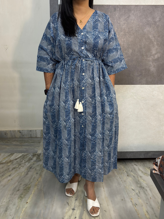 Blue Chevron Print Button-Down Dress