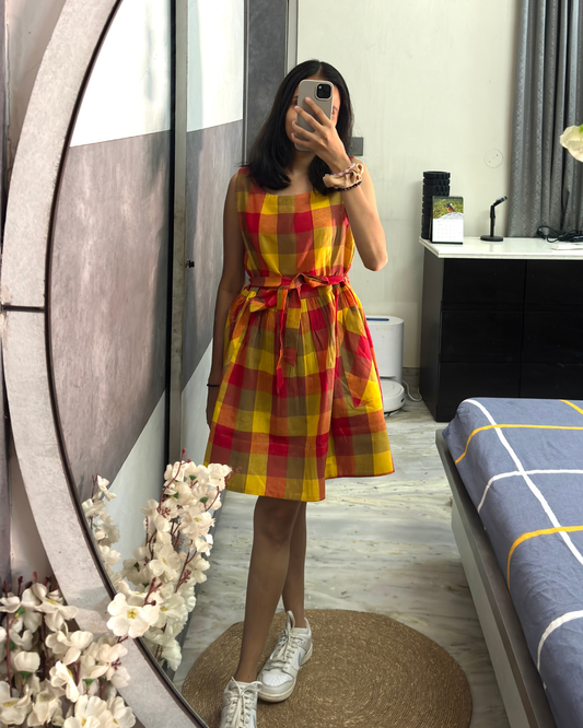 Sunset Plaid Flared Pinafore Dress