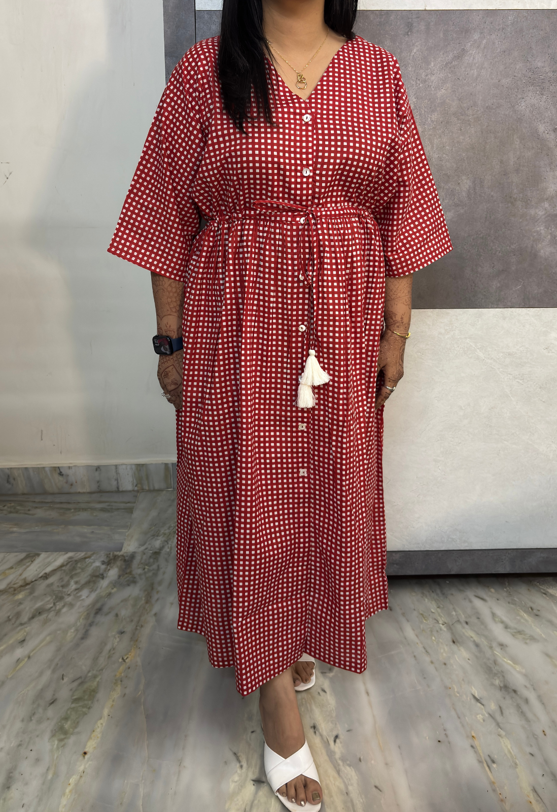 Red Checkered Button-Down Dress