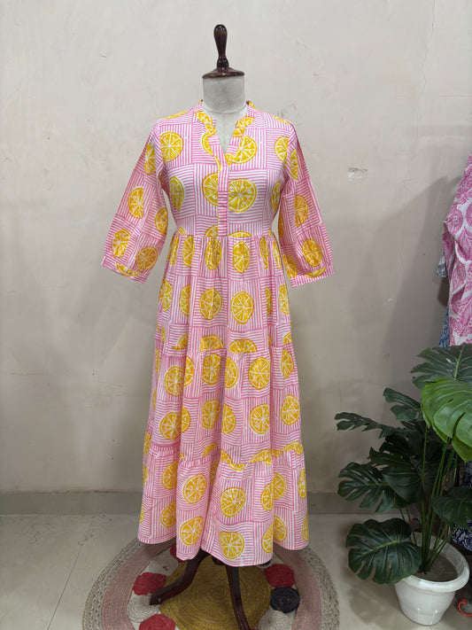Elegant Lemon Print Tiered Maxi Dress