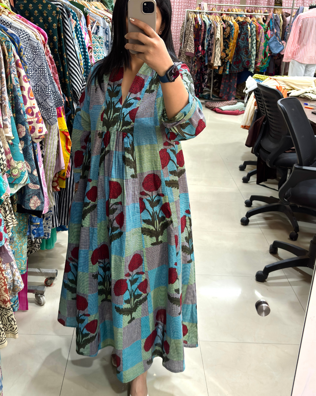 Azure Bloom Printed Maxi Dress