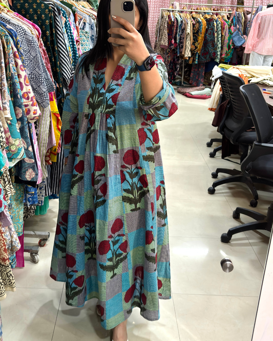 Azure Bloom Printed Maxi Dress
