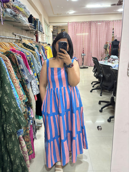 Pink & Blue Striped Tiered Maxi Dress
