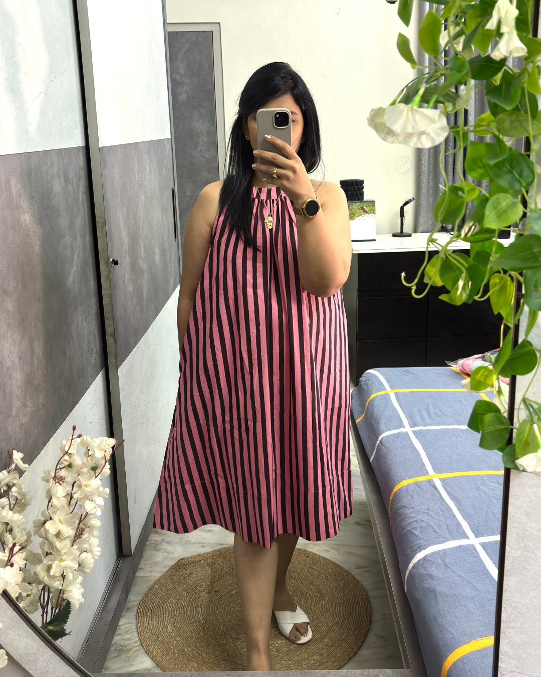 Pink Noir Striped Halter Neck Dress