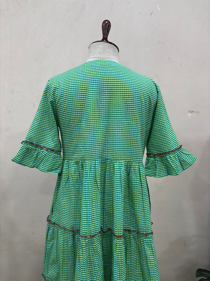 Green Gingham Tiered Midi Dress