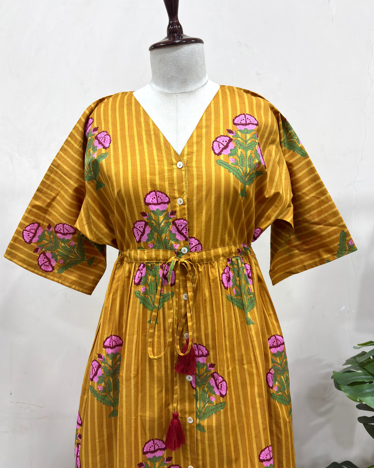Mustard Floral Printed Kaftan Dress