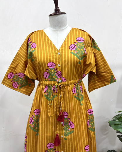 Mustard Floral Printed Kaftan Dress