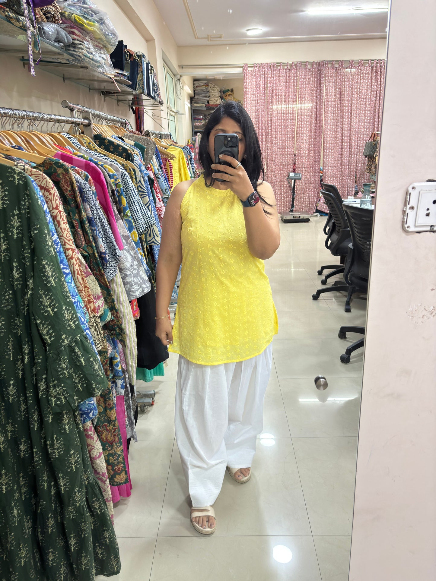 Yellow Embroidered Kurta with White Farshi Salwar