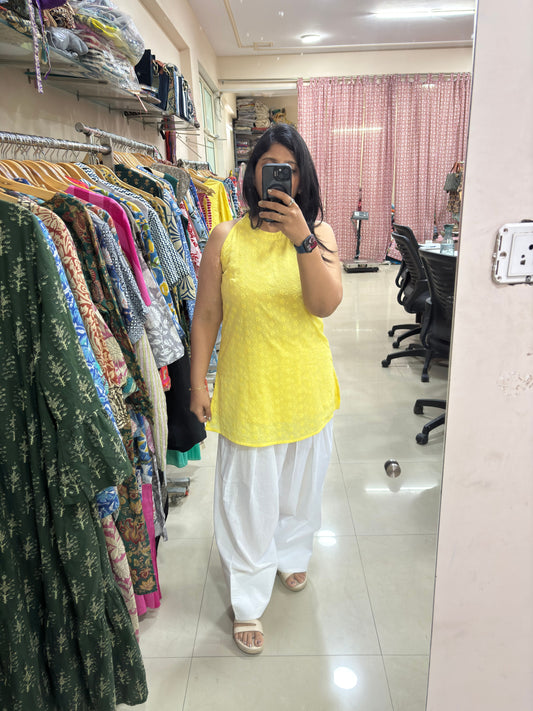 Yellow Embroidered Kurta with White Farshi Salwar