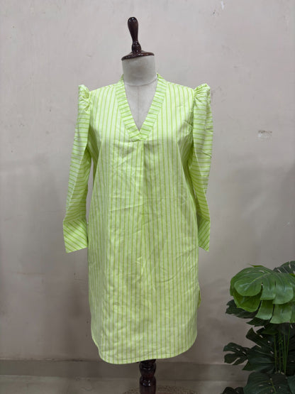 Lime Green Striped V-Neck Midi Dress