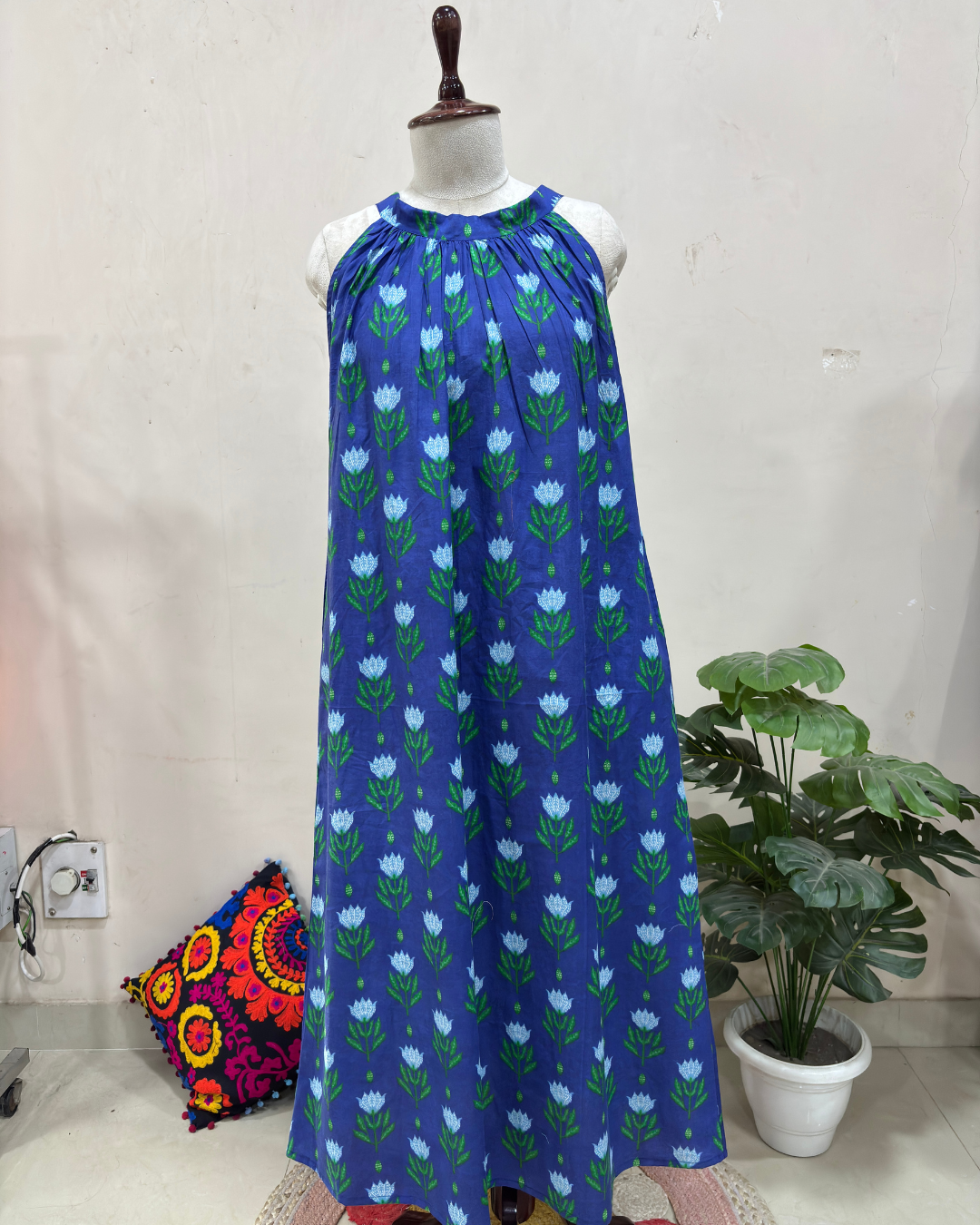 Indigo Tulip Halter Neck Flared Dress
