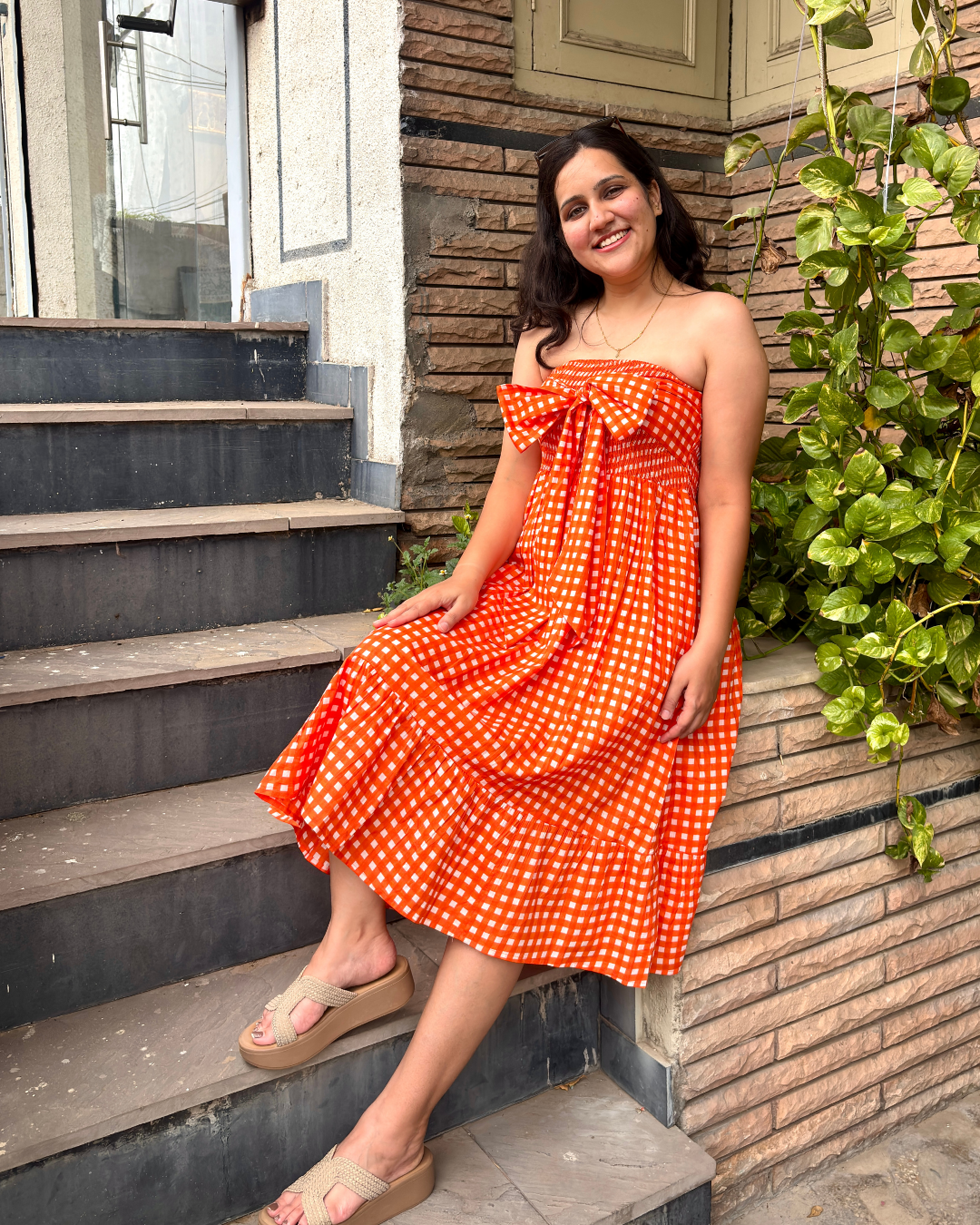 Orange Gingham Bow Dress
