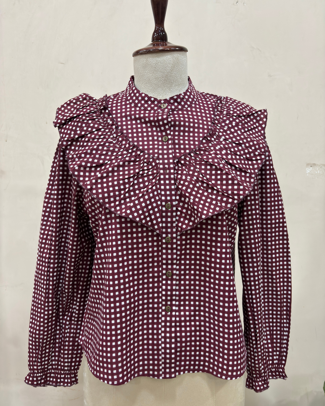 Maroon Checkered Ruffle Detail Top