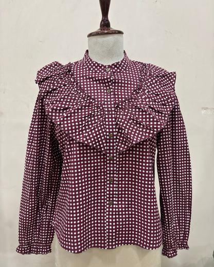 Maroon Checkered Ruffle Detail Top