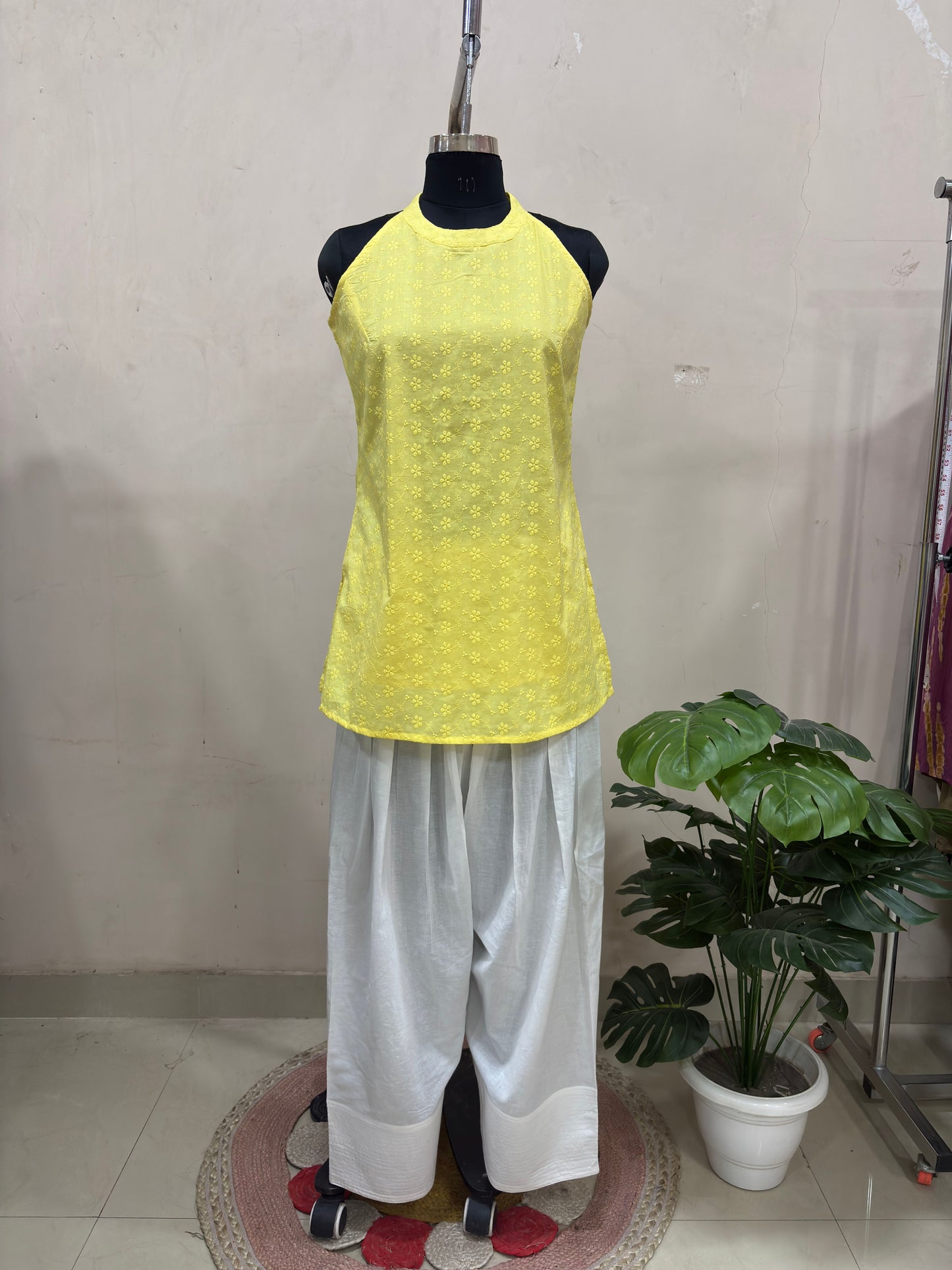 Yellow Embroidered Kurta with White Farshi Salwar