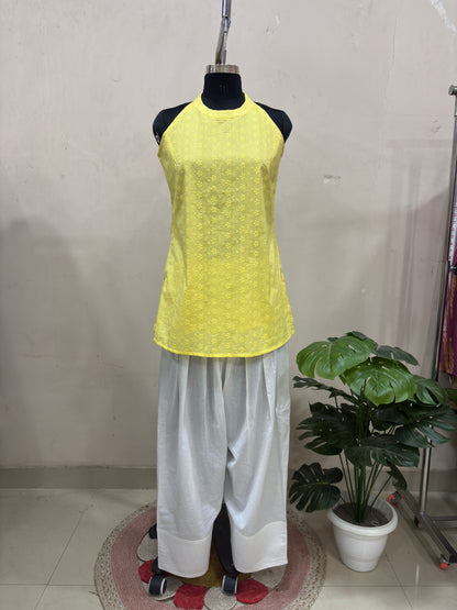 Yellow Embroidered Kurta with White Farshi Salwar