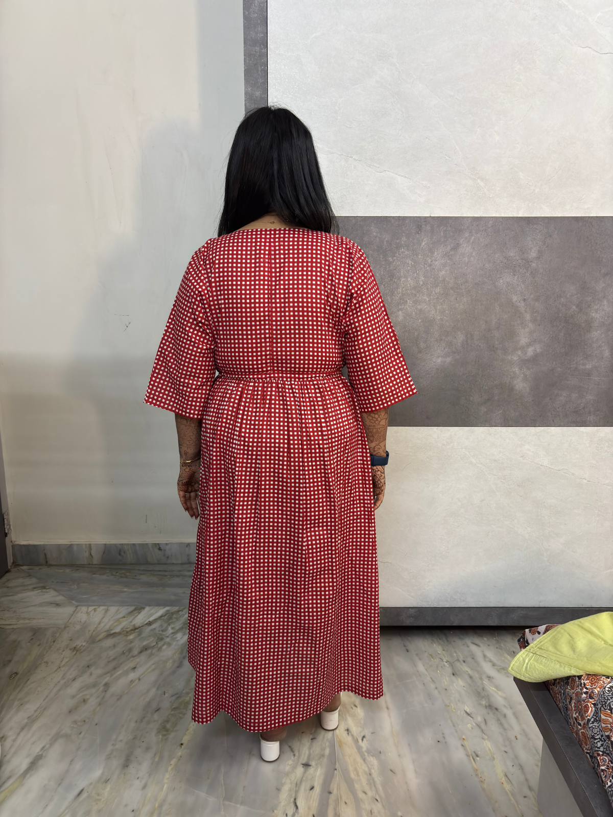 Red Checkered Button-Down Dress