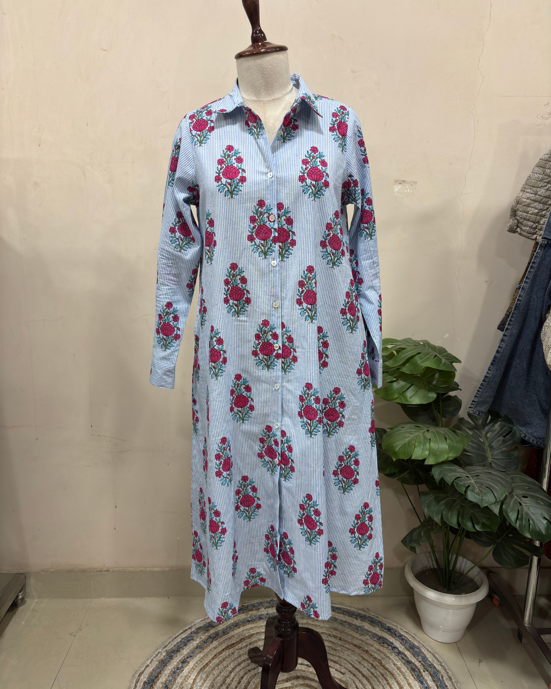 Sky Stripe Floral Maxi Shirt Dress