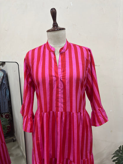 Pink & Red Striped Tiered Maxi Dress