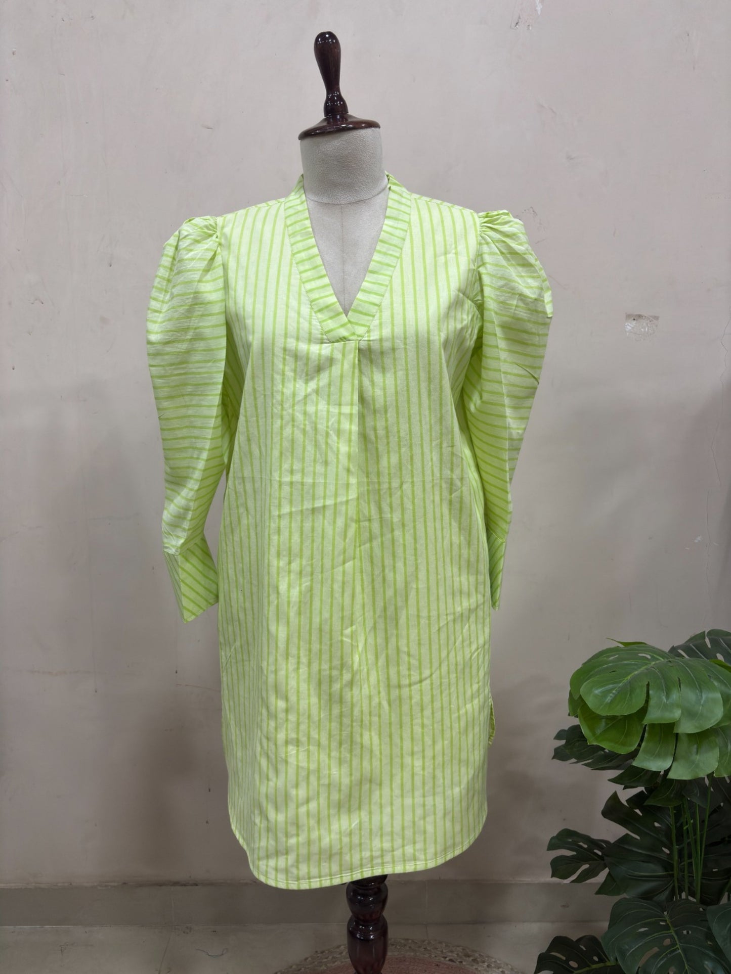 Lime Green Striped V-Neck Midi Dress
